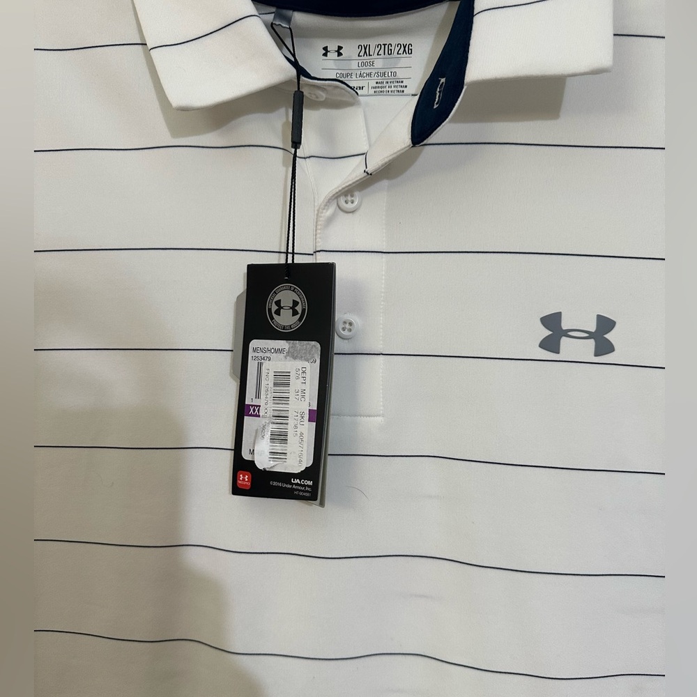 Under Armour Men’s White Polo with Thin Navy Stripe